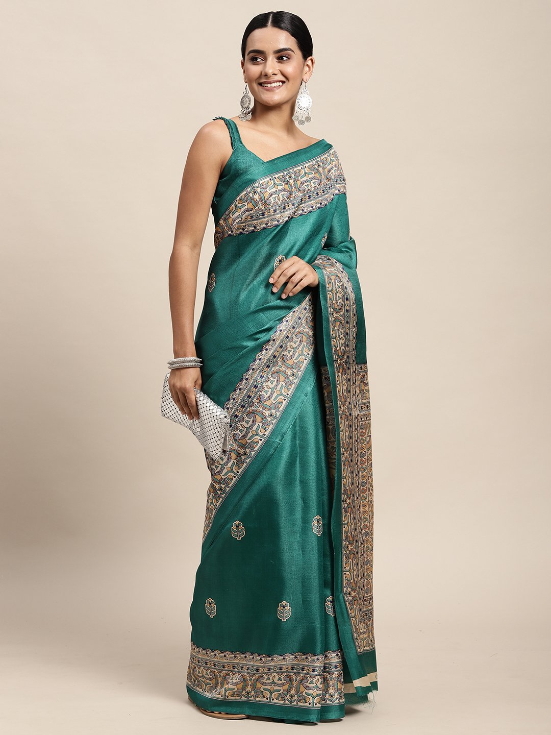 Tealblue Tussar Khadi Silk Printed Saree