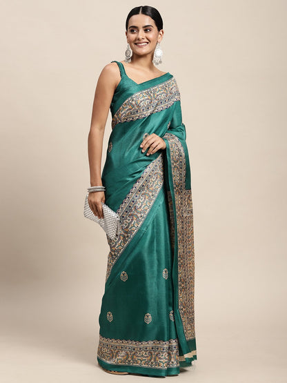 Tealblue Tussar Khadi Silk Printed Saree