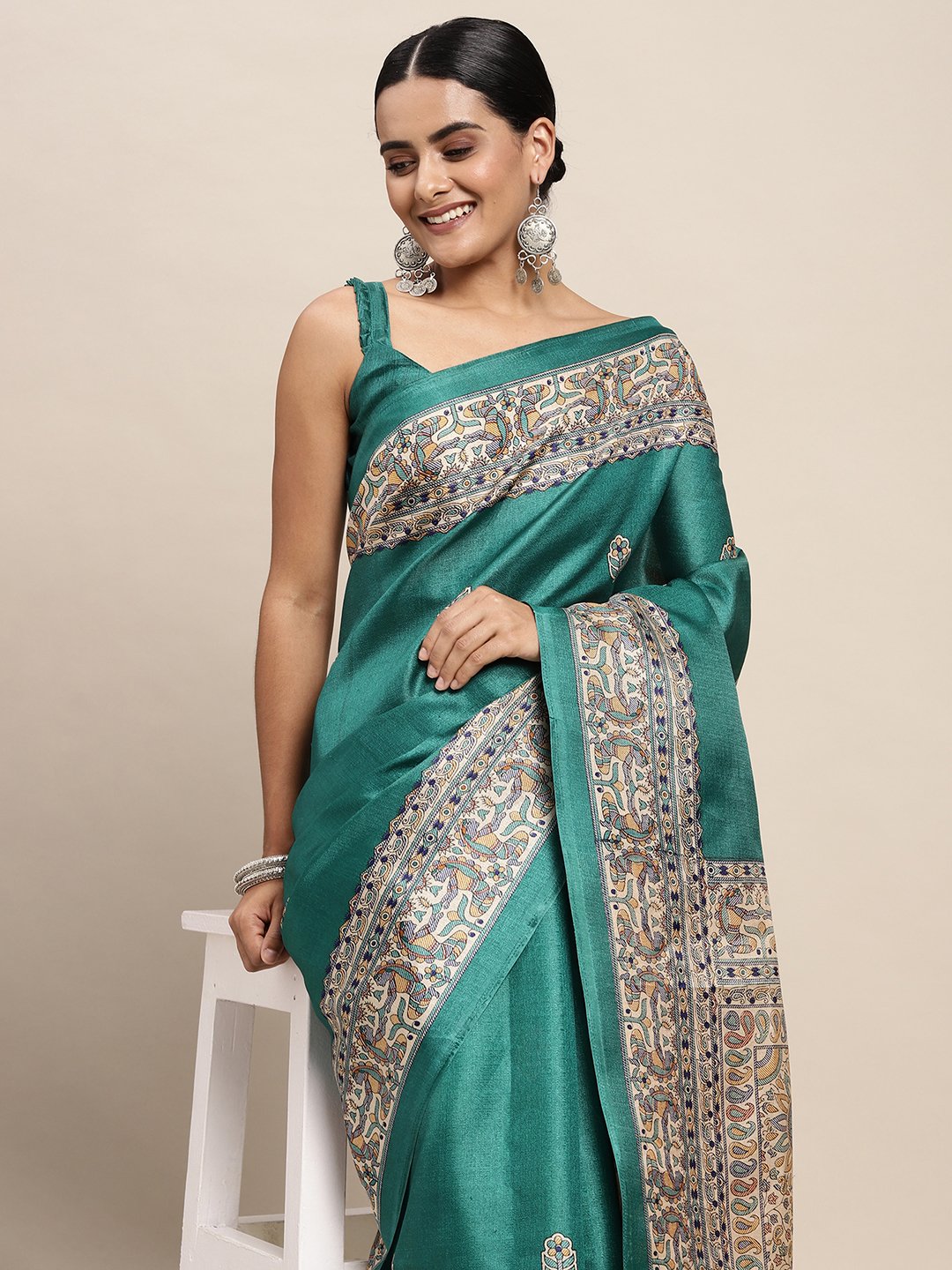 Tealblue Tussar Khadi Silk Printed Saree