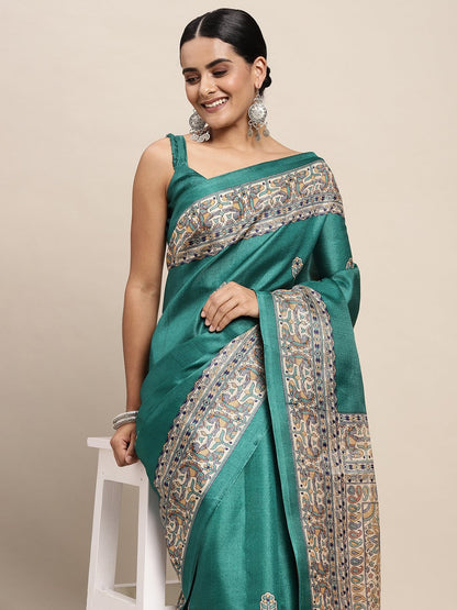 Tealblue Tussar Khadi Silk Printed Saree