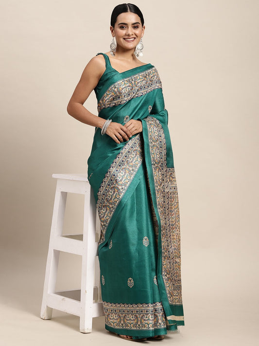 Blue Tealblue Tussar Khadi Silk Printed Saree