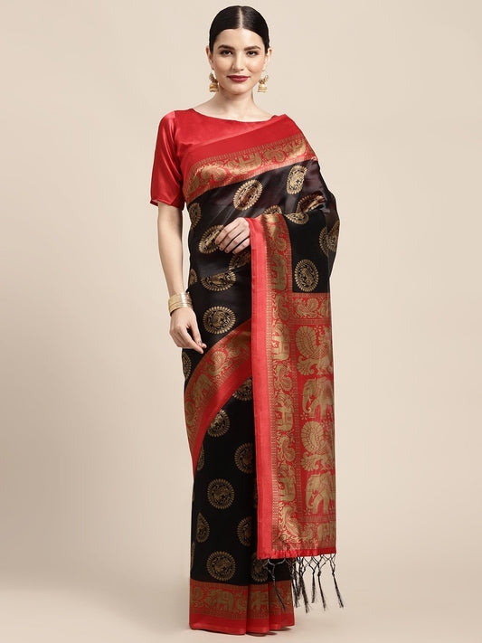 Black Black Block Print Art Silk Printed Saree