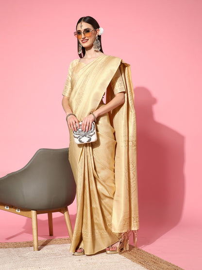 Cream Kanjeevaram Silk Blend Woven Saree