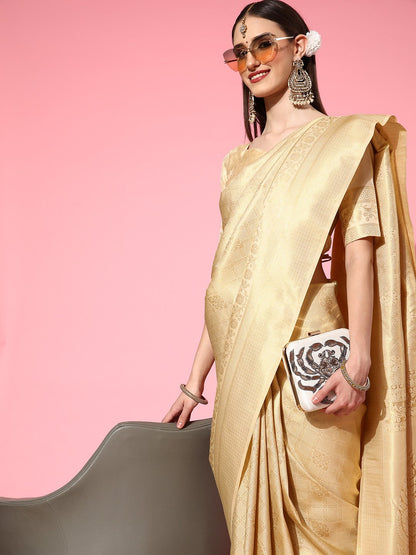 Cream Kanjeevaram Silk Blend Woven Saree