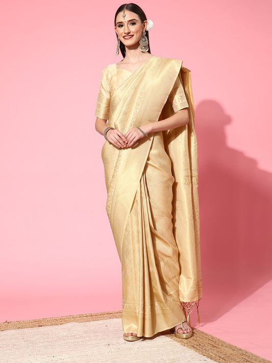 Cream Cream Kanjeevaram Silk Blend Woven Saree