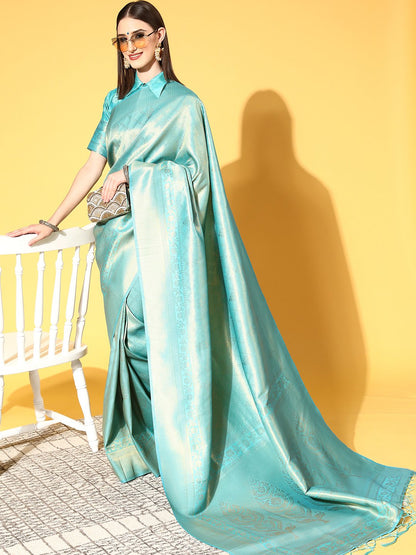 SeaGreen Kanjeevaram Silk Blend Woven Saree