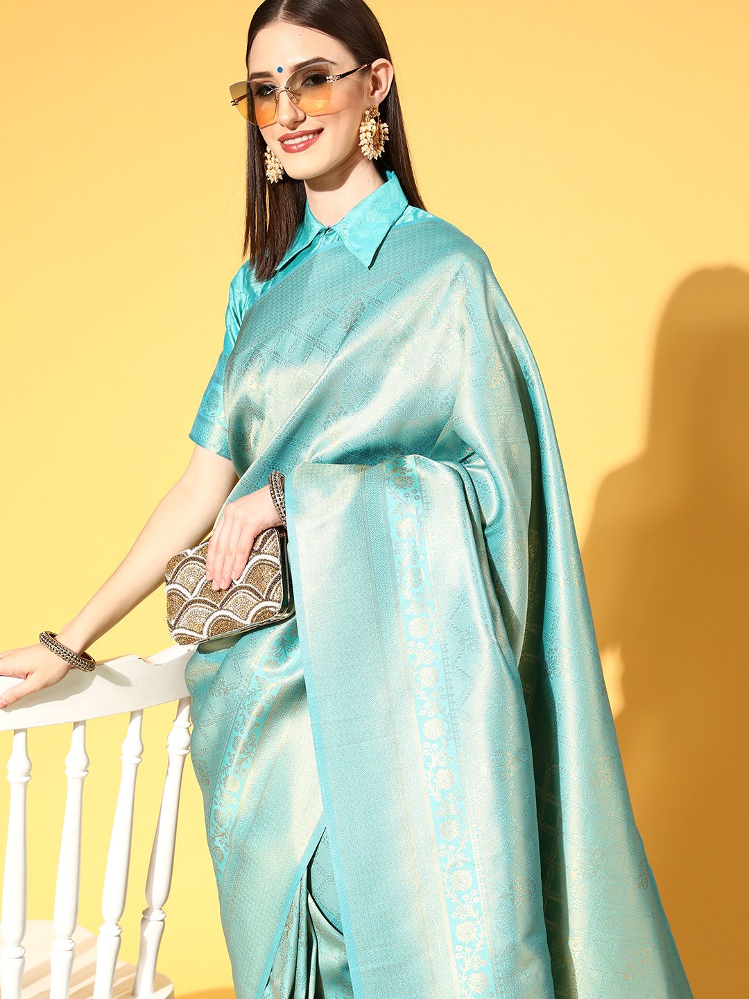 SeaGreen Kanjeevaram Silk Blend Woven Saree