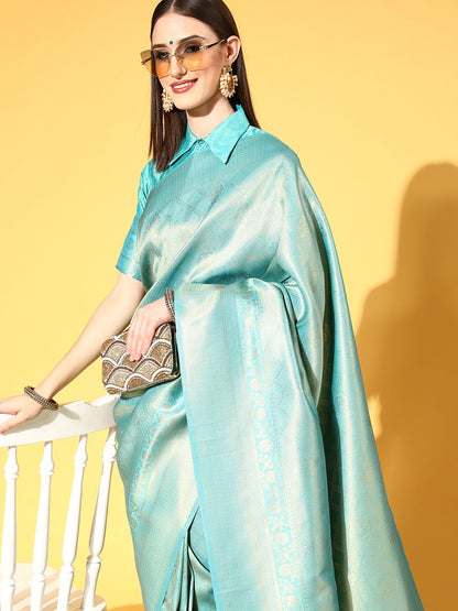 SeaGreen Kanjeevaram Silk Blend Woven Saree