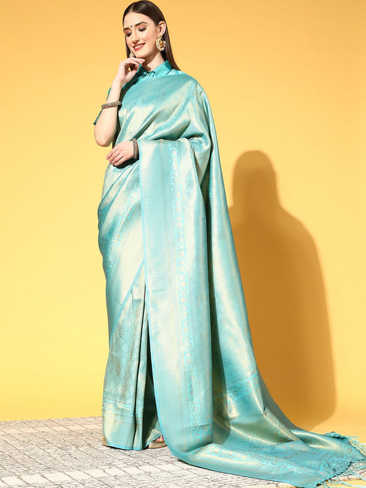 Blue SeaGreen Kanjeevaram Silk Blend Woven Saree