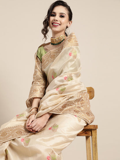 Cream Banarasi Silk Blend Woven Saree