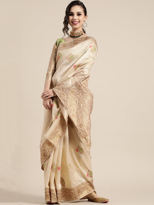 Cream Cream Banarasi Silk Blend Woven Saree