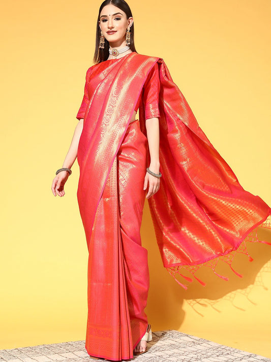 Pink Peach Kanjeevaram Silk Blend Embroidered Saree