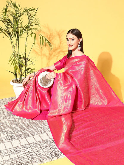 Pink Kanjeevaram Silk Blend Embroidered Saree
