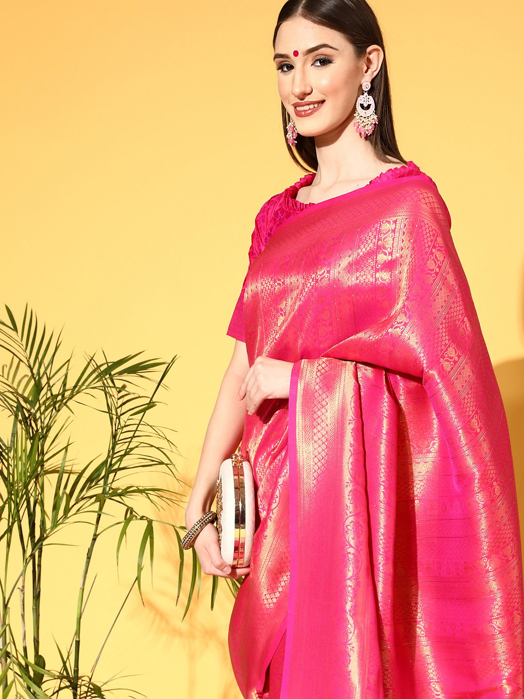 Pink Kanjeevaram Silk Blend Embroidered Saree