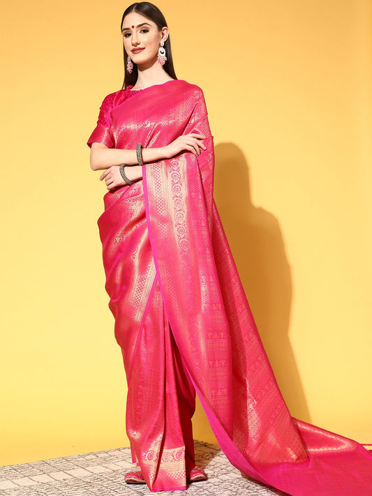 Pink Pink Kanjeevaram Silk Blend Embroidered Saree