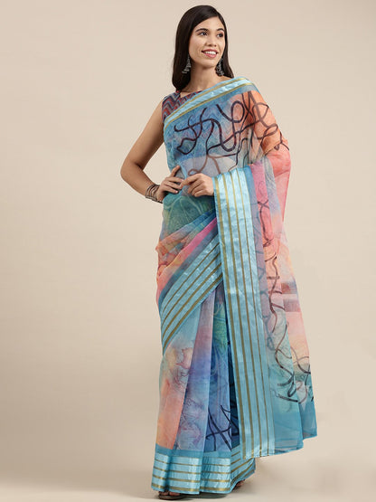 Blue Party Wear Organza Digital Print Saree
