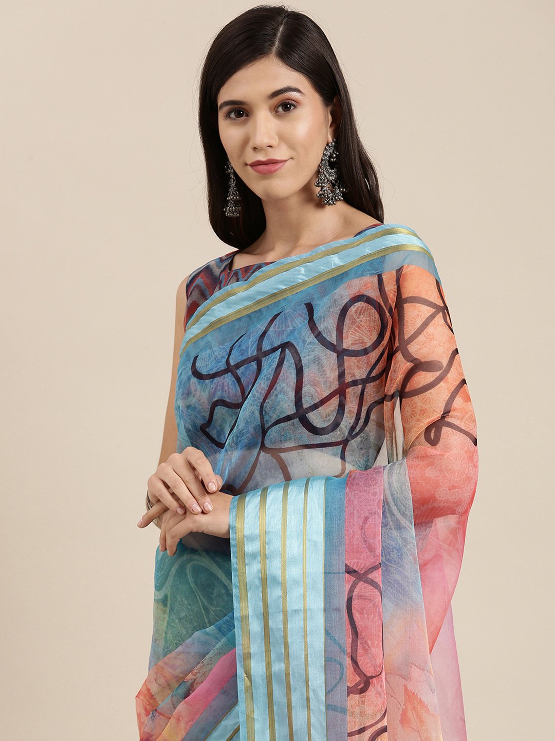 Blue Party Wear Organza Digital Print Saree