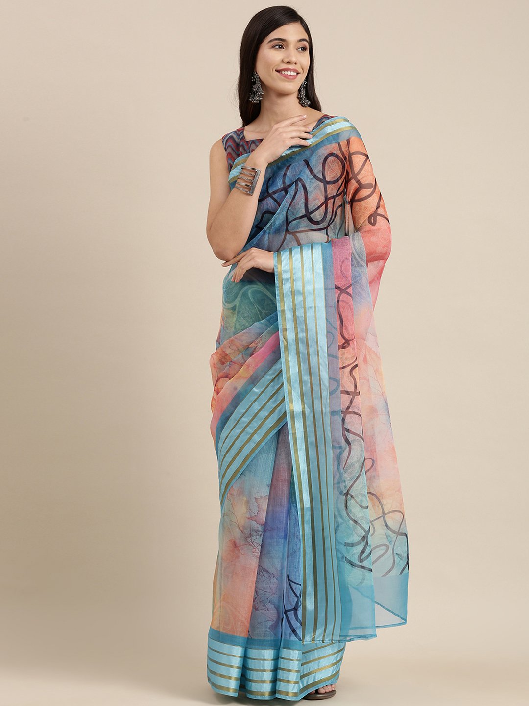 Blue Blue Party Wear Organza Digital Print Saree