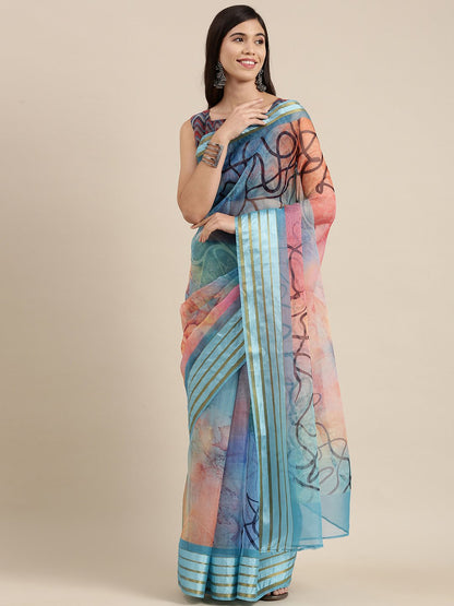 Blue Blue Party Wear Organza Digital Print Saree