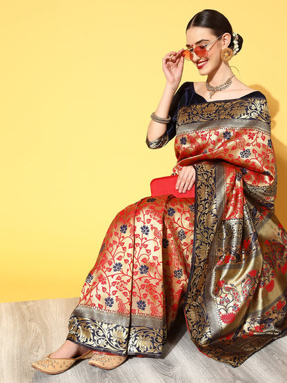 Red Banarasi Silk Blend Woven Saree