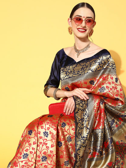 Red Banarasi Silk Blend Woven Saree