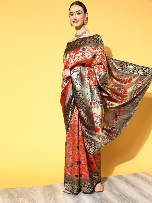 Red Red Banarasi Silk Blend Woven Saree