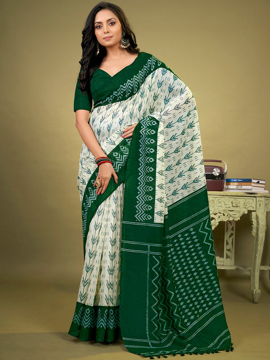 White OffWhite Bagh Cotton Blend Printed Saree