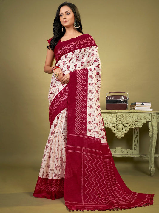White OffWhite Bagh Cotton Blend Printed Saree
