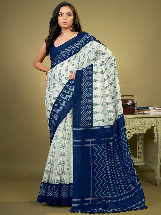 White OffWhite Bagh Cotton Blend Printed Saree