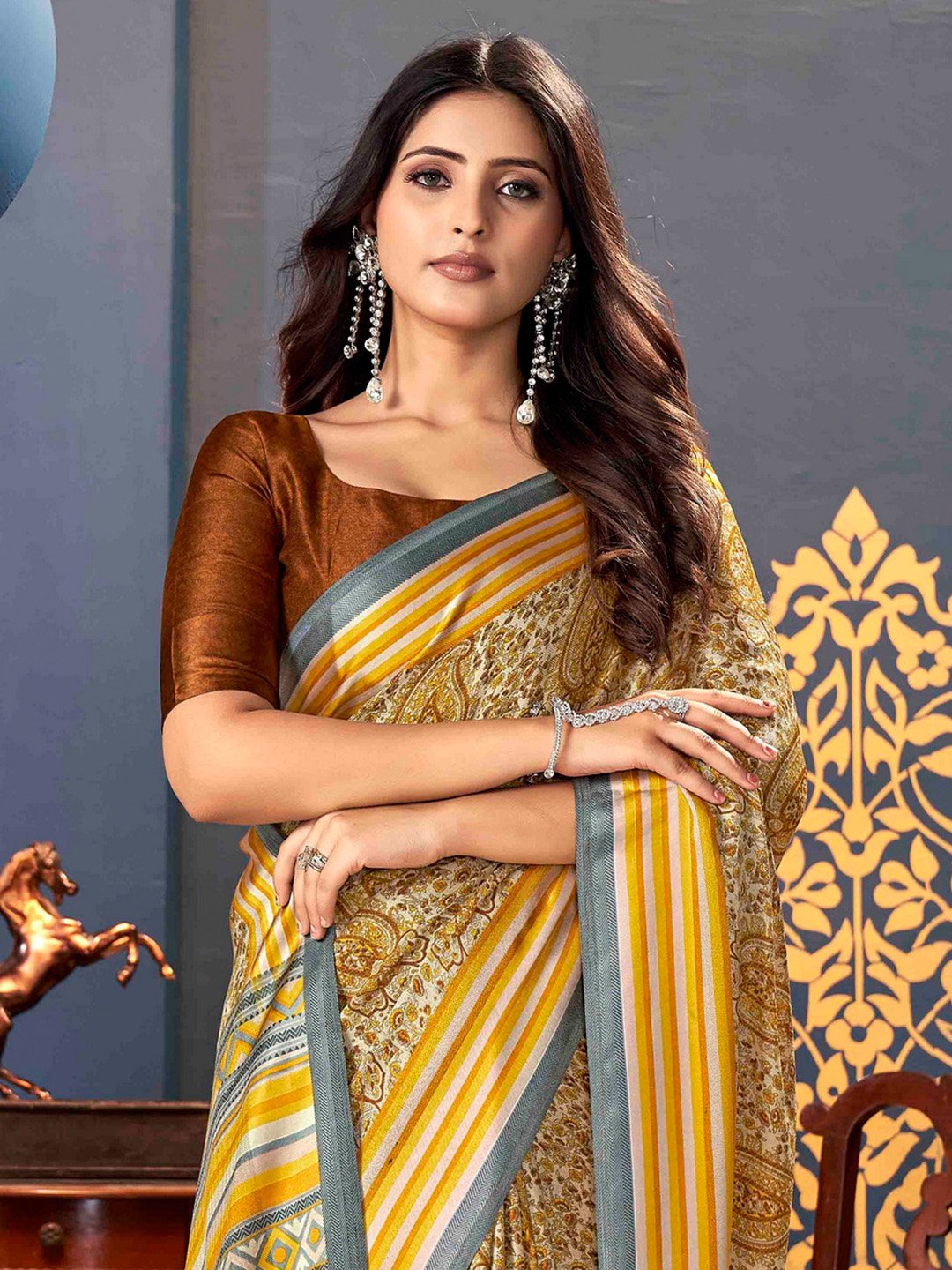 Yellow Dabu Pashmina Silk Printed Saree