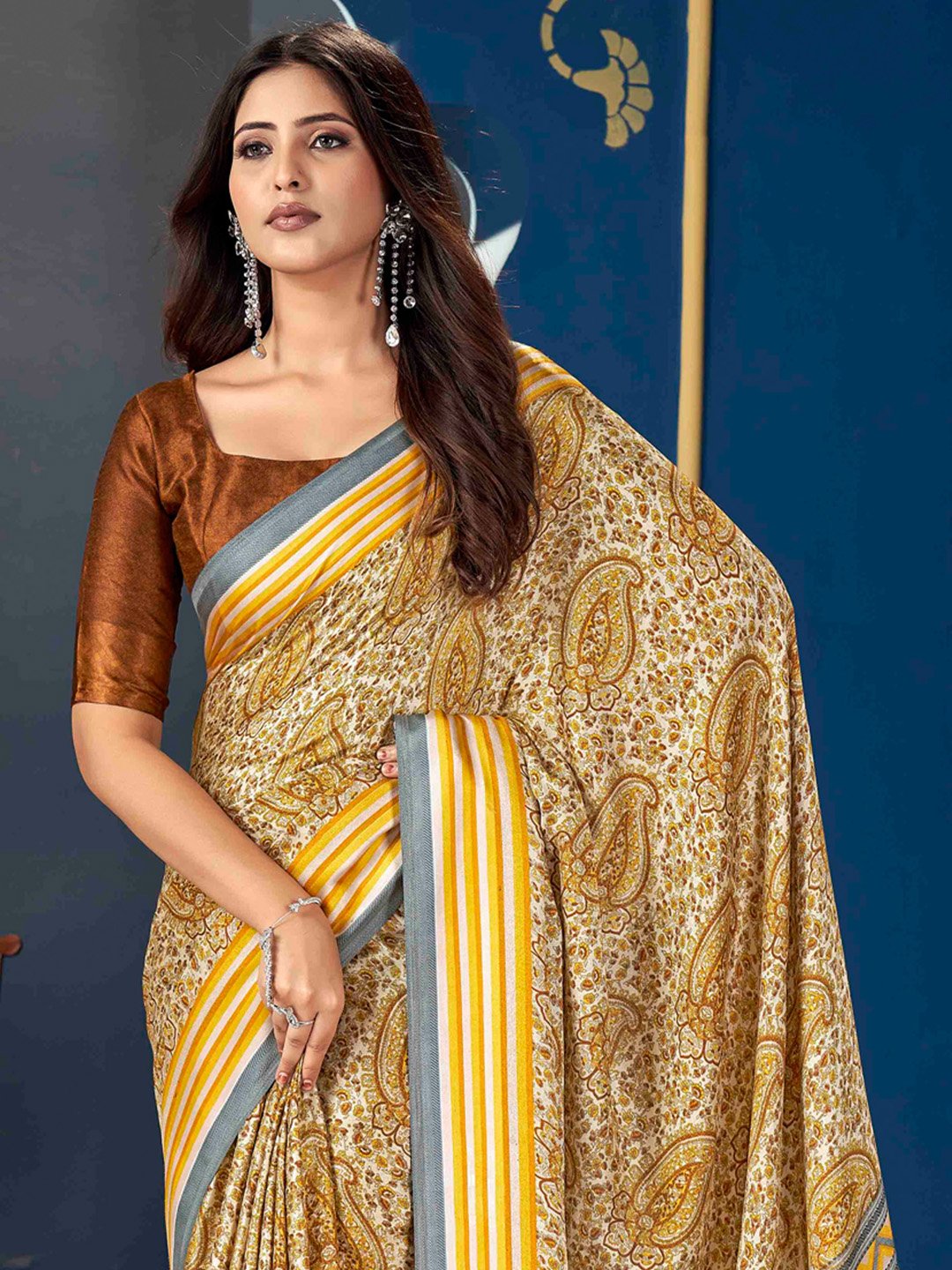 Yellow Dabu Pashmina Silk Printed Saree