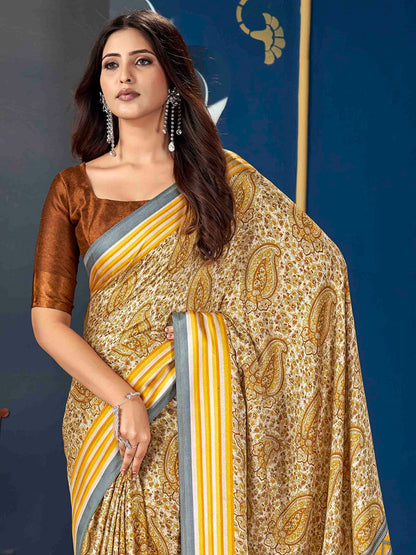 Yellow Dabu Pashmina Silk Printed Saree