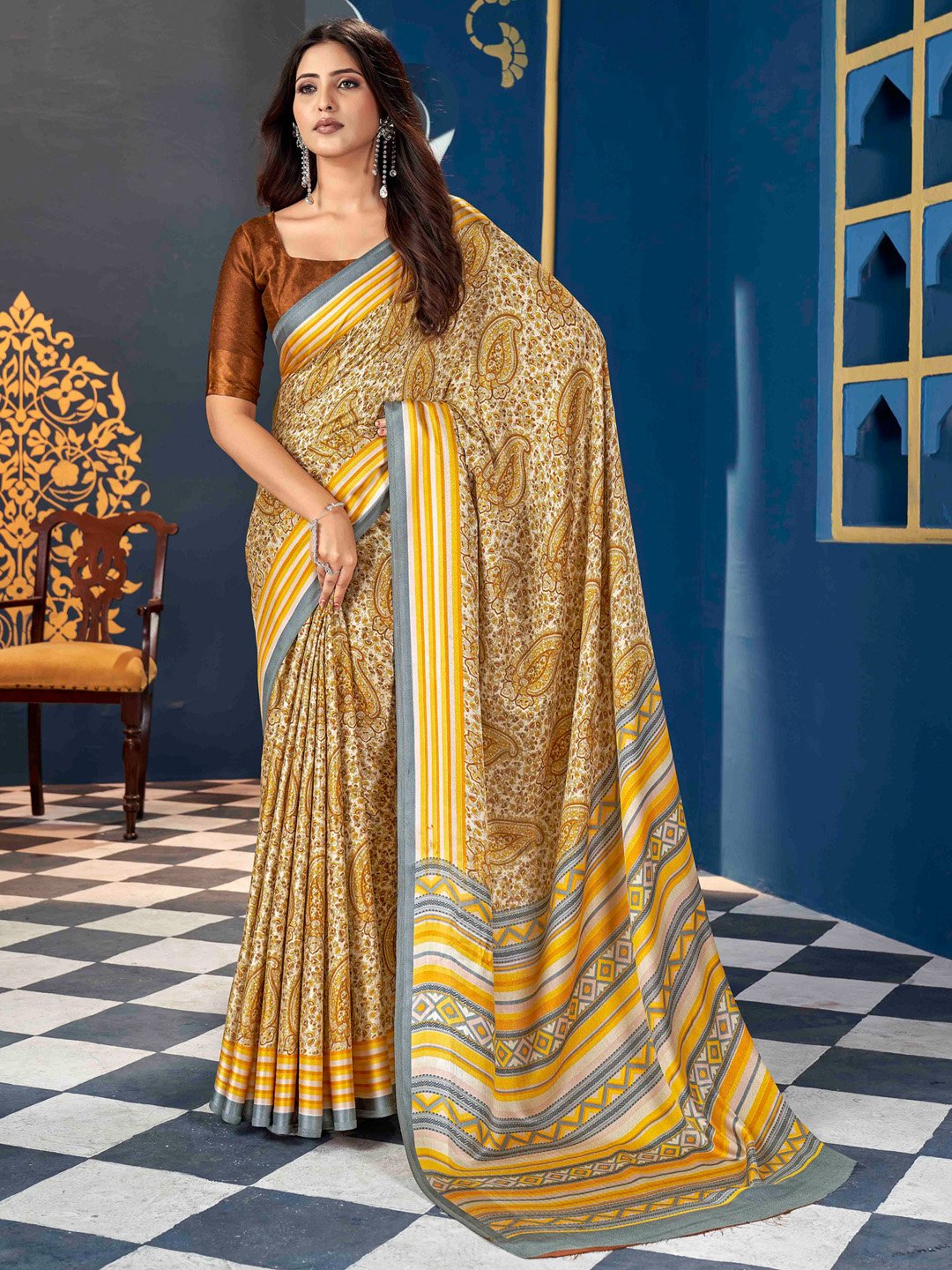 Yellow Yellow Dabu Pashmina Silk Printed Saree