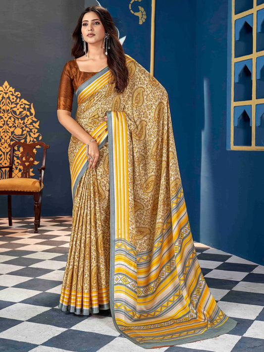 Yellow Yellow Dabu Pashmina Silk Printed Saree
