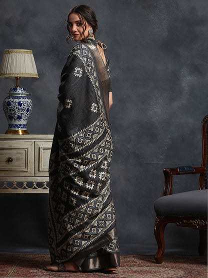 Black Sungudi Silk Blend Printed Saree