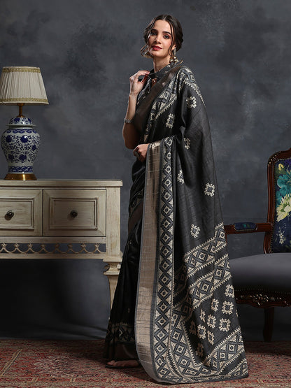 Black Sungudi Silk Blend Printed Saree