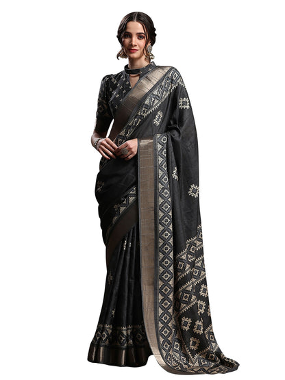 Black Black Sungudi Silk Blend Printed Saree