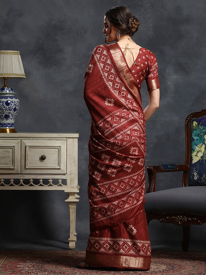 Maroon Sungudi Silk Blend Printed Saree