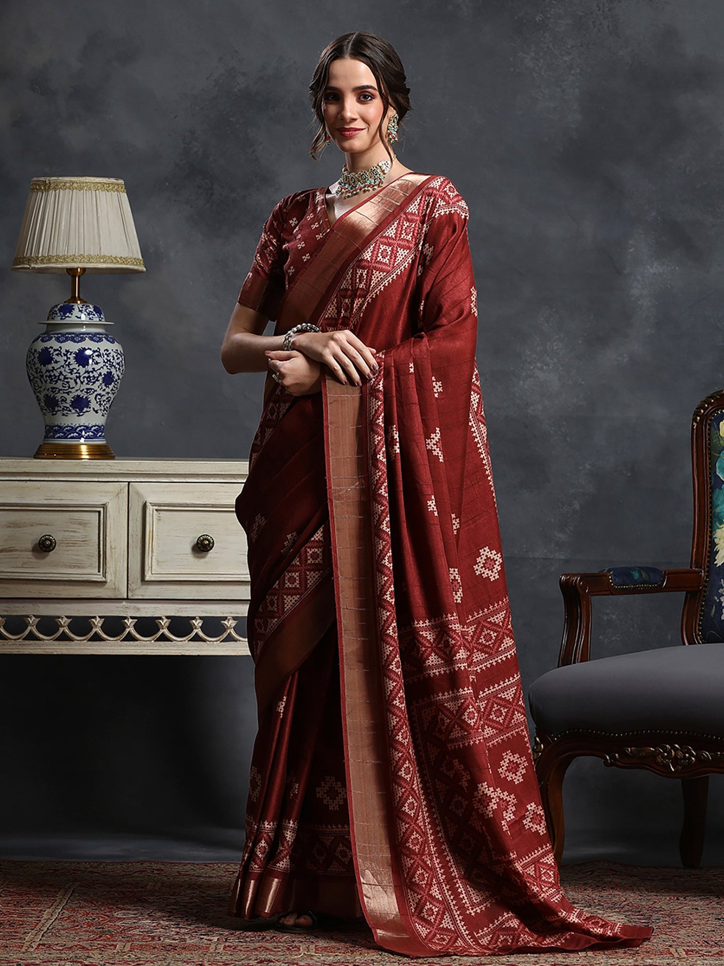 Maroon Sungudi Silk Blend Printed Saree