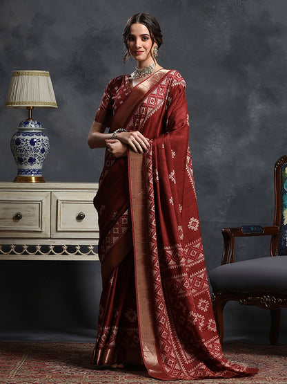 Maroon Sungudi Silk Blend Printed Saree