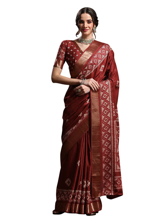 Maroon Maroon Sungudi Silk Blend Printed Saree