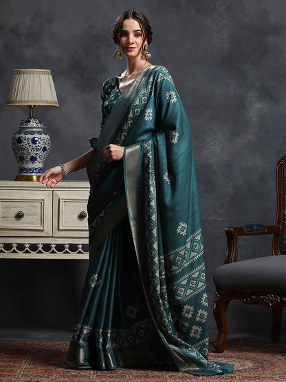 Tealblue Sungudi Silk Blend Printed Saree