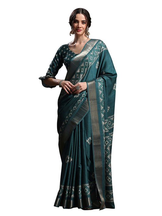 Blue Tealblue Sungudi Silk Blend Printed Saree