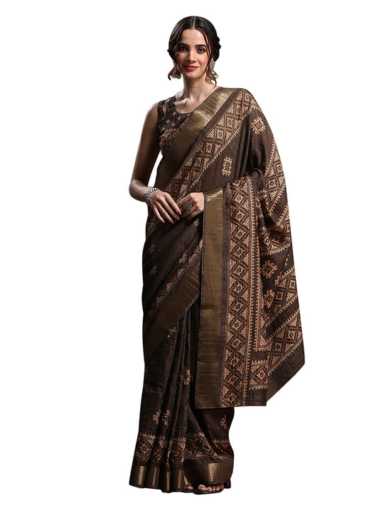 Brown Brown Sungudi Silk Blend Printed Saree