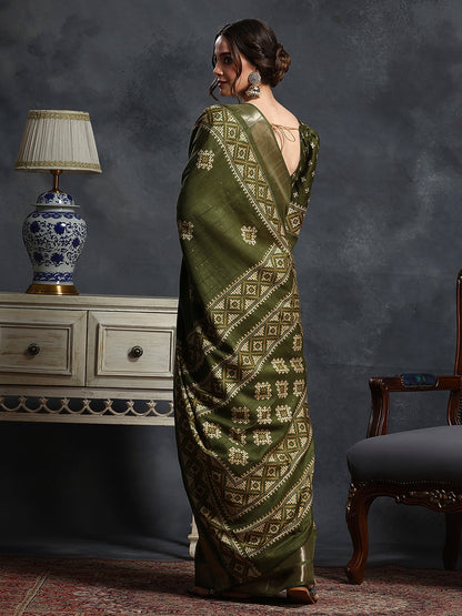 Olive Sungudi Silk Blend Printed Saree