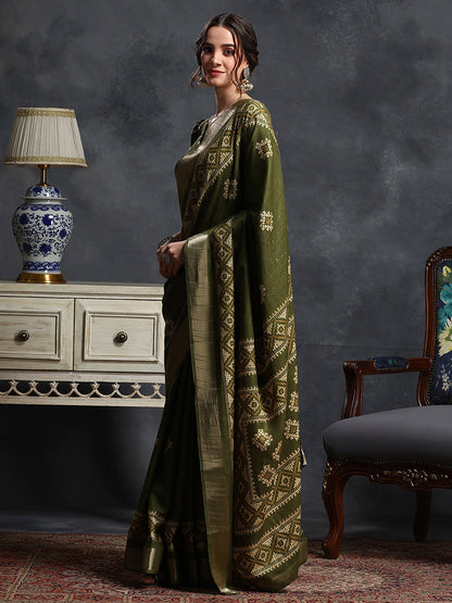 Olive Sungudi Silk Blend Printed Saree