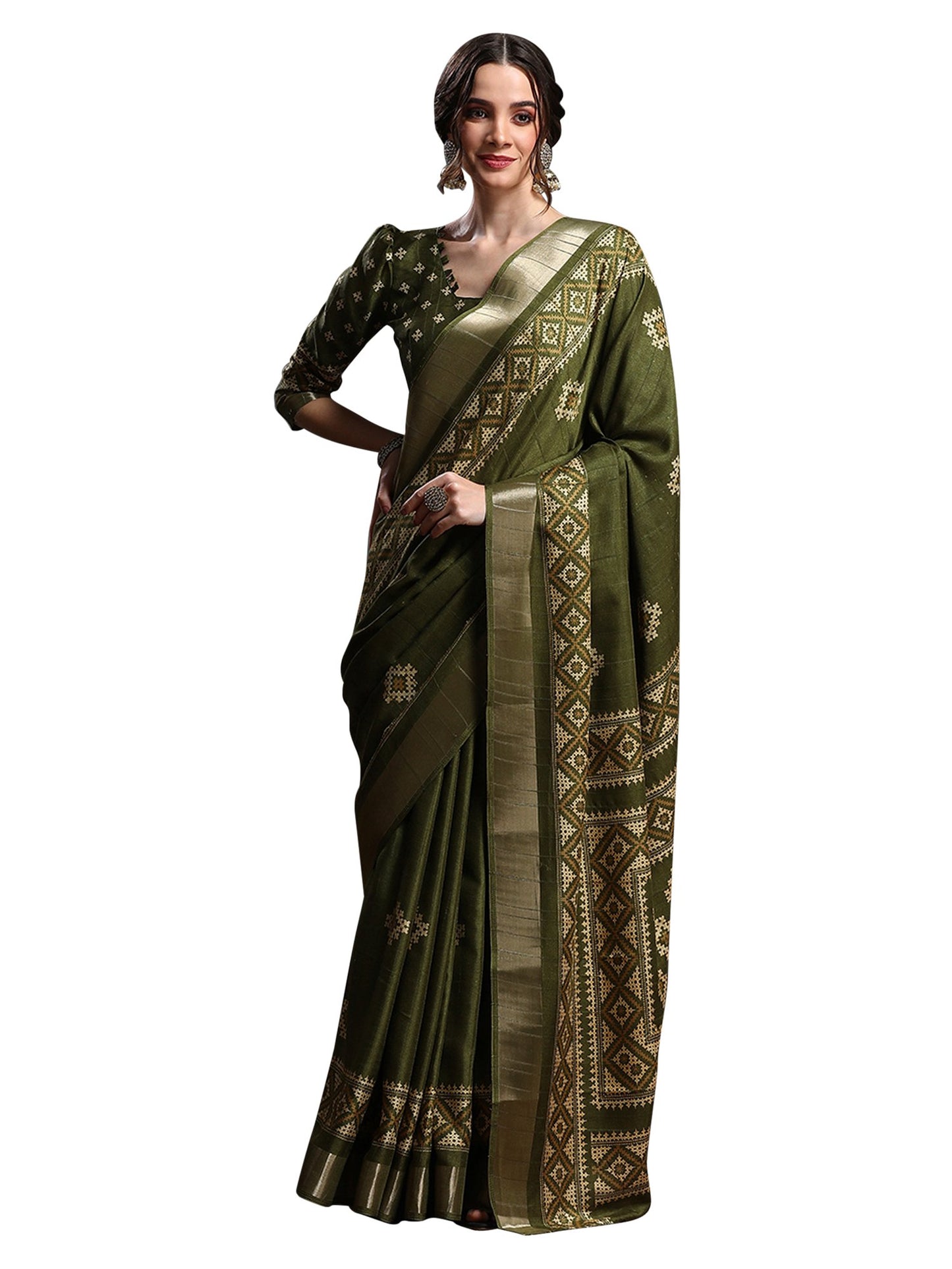 Green Olive Sungudi Silk Blend Printed Saree