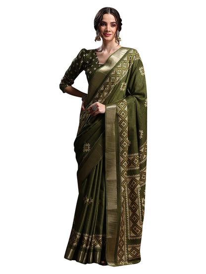 Green Olive Sungudi Silk Blend Printed Saree