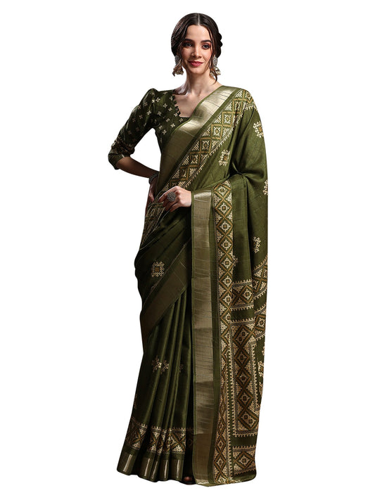 Green Olive Sungudi Silk Blend Printed Saree