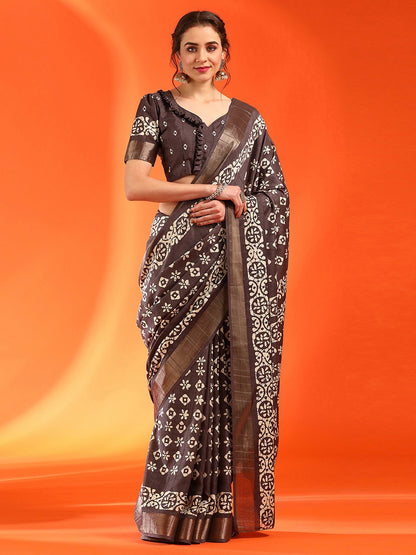 Brown Brown Sungudi Silk Blend Printed Saree